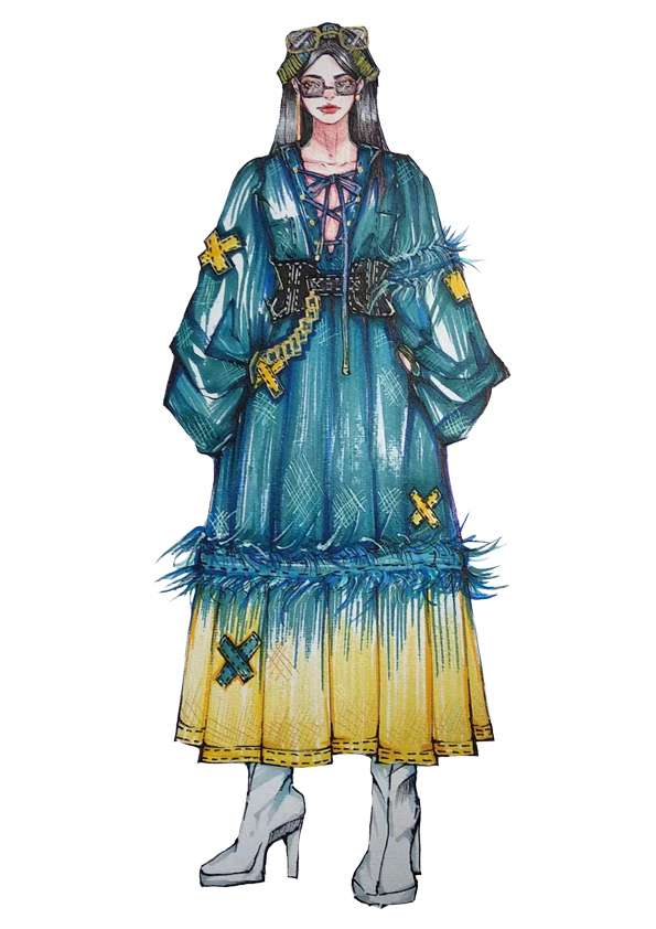 服装效果图-湖蓝v领连衣裙 个性 女装
