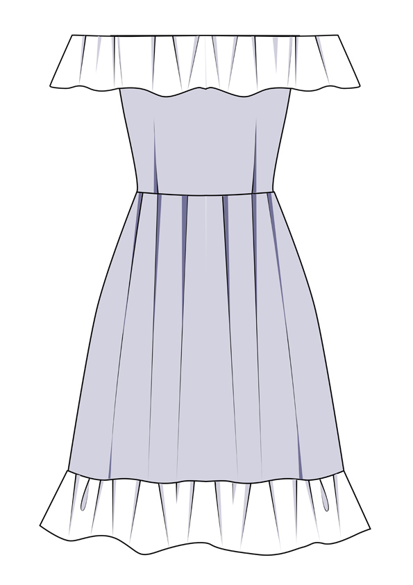 服装效果图-一字肩连衣裙 淑女风 女装