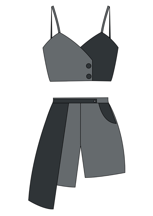 服装效果图-黑灰拼接 个性 女装