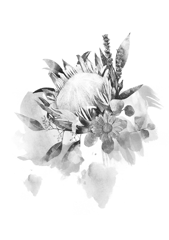 服装效果图-水墨花苞 植物 花型图案
