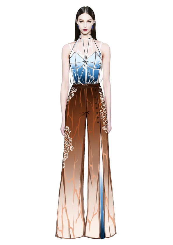 服装效果图-高腰开叉阔腿裤 通勤 女装