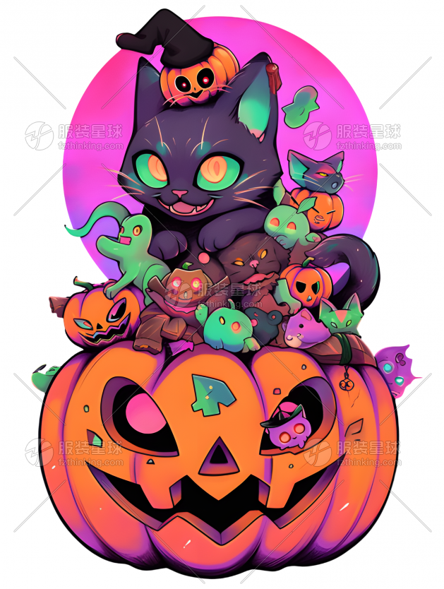 万圣节的爱捣蛋的猫咪图案印花