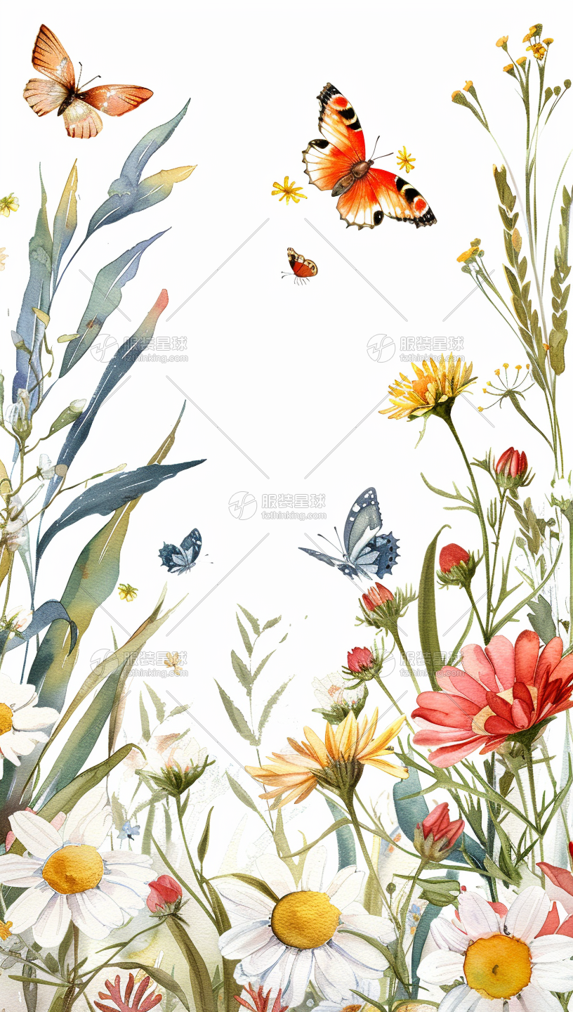 长巾花卉花型图案|花型素材花丛蝴蝶花卉风图案设计-服装星球