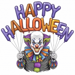 拿着“Happy Halloween”气球的小丑插画印花图案 卫衣/T恤印花图案
