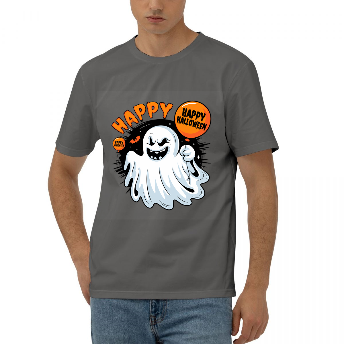拿着“Happy Halloween”气球的鬼魂插画印花图案 卫衣/T恤印花图案