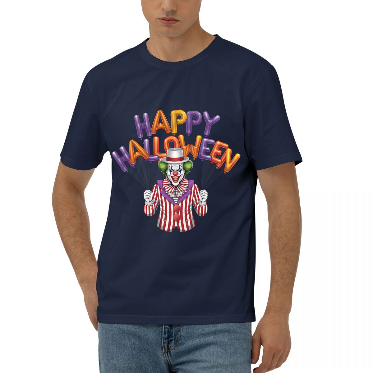 拿着“Happy Halloween”气球的小丑插画印花图案 卫衣/T恤印花图案