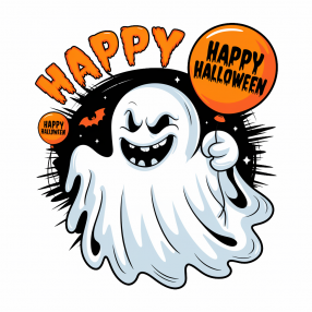 拿着“Happy Halloween”气球的鬼魂插画印花图案 卫衣/T恤印花图案