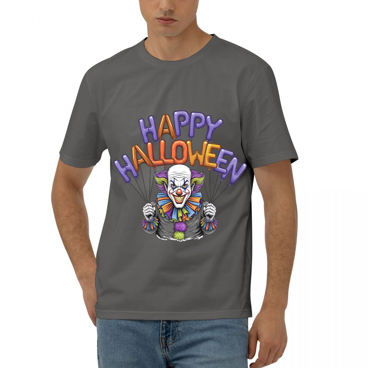 拿着“Happy Halloween”气球的小丑插画印花图案 卫衣/T恤印花图案