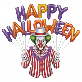 拿着“Happy Halloween”气球的小丑插画印花图案 卫衣/T恤印花图案