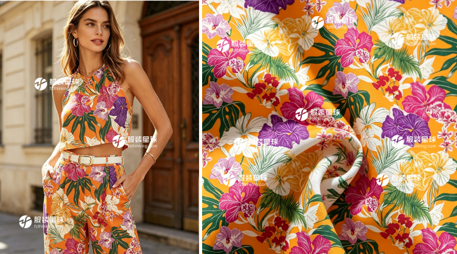 大花型热带花卉印花面料推荐,具备Resort Wear(度假系列)的经典元素,在欧美春夏市场长期保持稳定需求,尤其受到海滨度假目的地与邮轮旅行消费场景的青睐。