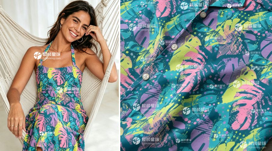 2027春夏女装热带印花趋势，印花面料定制，霓虹热带印花：斑斓叶脉缀彩点 944