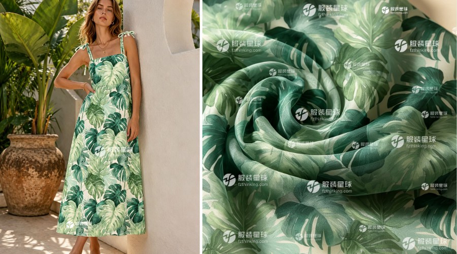 服装星球面料集采平台上新推荐，热带印花奶油底水彩龟背竹热带自然印花面料，适用于男女装、家居装饰、箱包配饰等产品面料开发