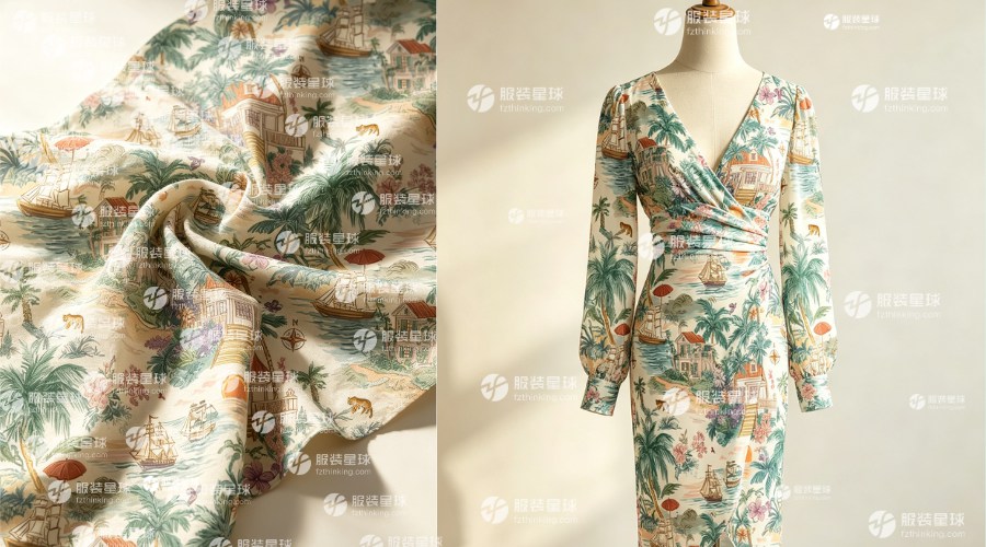 服装星球面料集采平台热带风印花布推荐，米色海岛风景印花-251