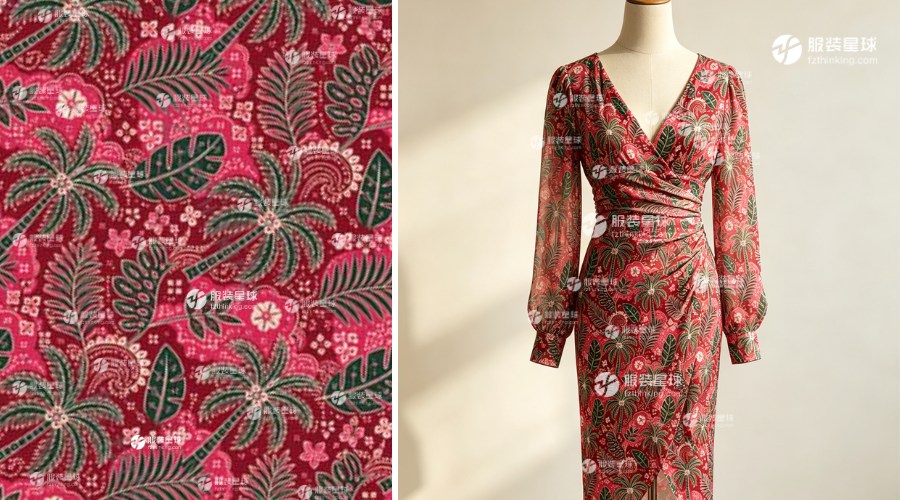 服装星球面料集采平台热带风印花布推荐，红底绿椰线描印花面料-375