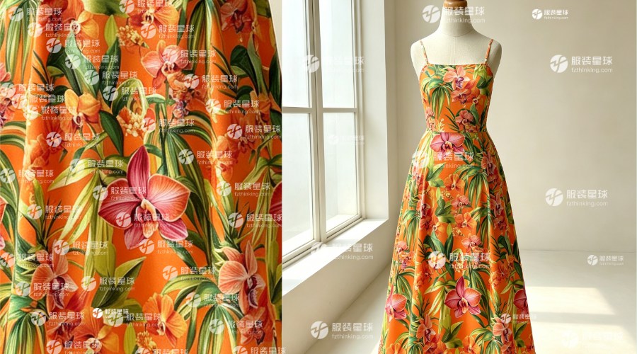 服装星球面料集采平台新品推荐，橙色底水彩兰花-493
