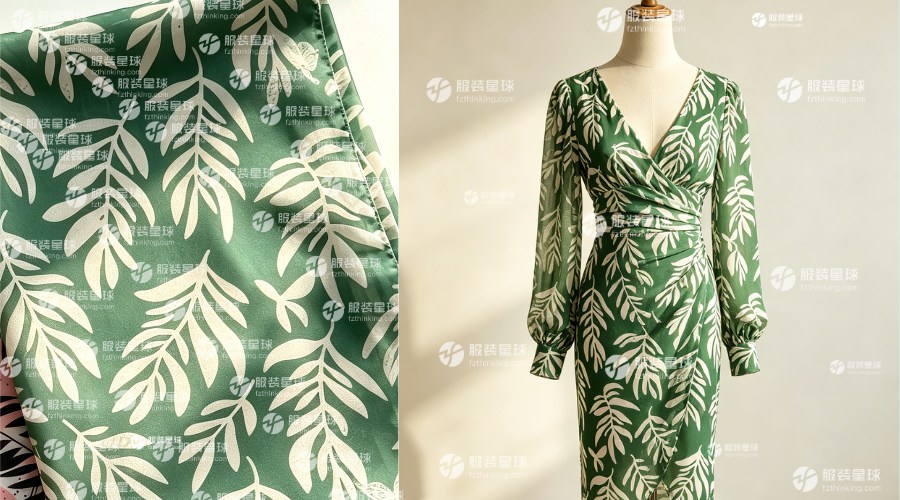 服装星球面料集采平台新品推荐，深绿底米白叶片剪影印花-587