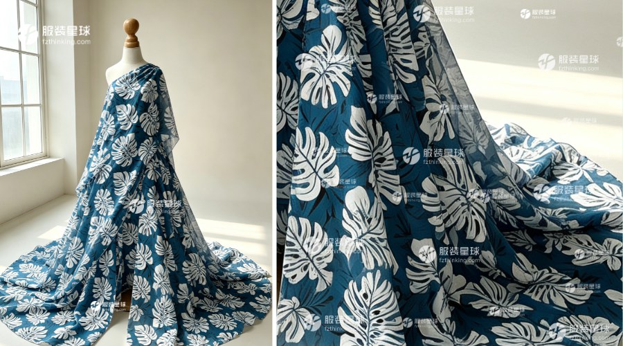 服装星球面料集采平台新品推荐，深青蓝底白色龟背竹印花-580
